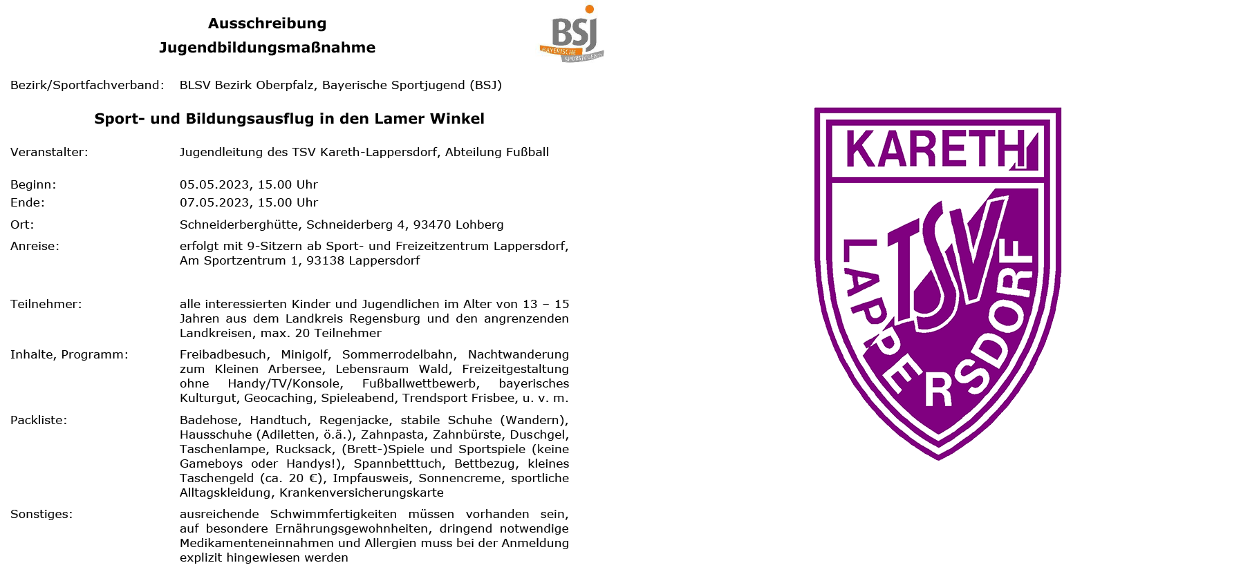 Ausschreibung Jugendbildungsmaßnahme (Lamer Winkel)